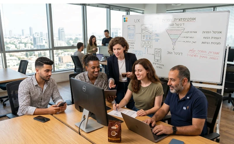 צוות הקריאטיב של סוכנות הדיגיטל DigiGo בסיעור מוחות במשרד מודרני מול מסך מחשב. במרכז התמונה עובדת הארגון, ולצדה קולגות במראה ישראלי מקצועי. ברקע לוח מחיק עם תרשימי זרימה של אופטימיזציית המרות ודיגיטל 360, וחלון רחב המשקיף לנוף אורבני של גורדי שחקים בישראל.