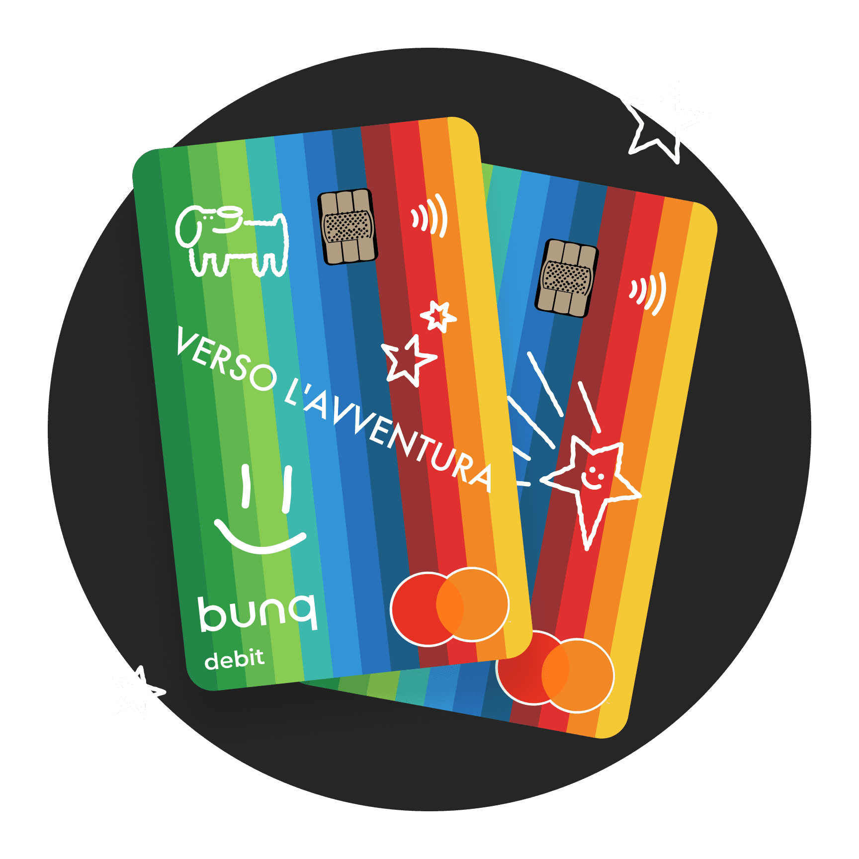 Due carte di credito colorate sovrapposte su uno sfondo scuro e circolare.