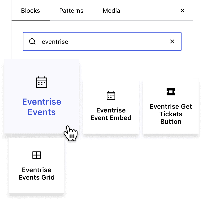 The WordPress block inserter showing the Eventrise Events, Event Embed, Get Tickets Button, and Events Grid blocks.