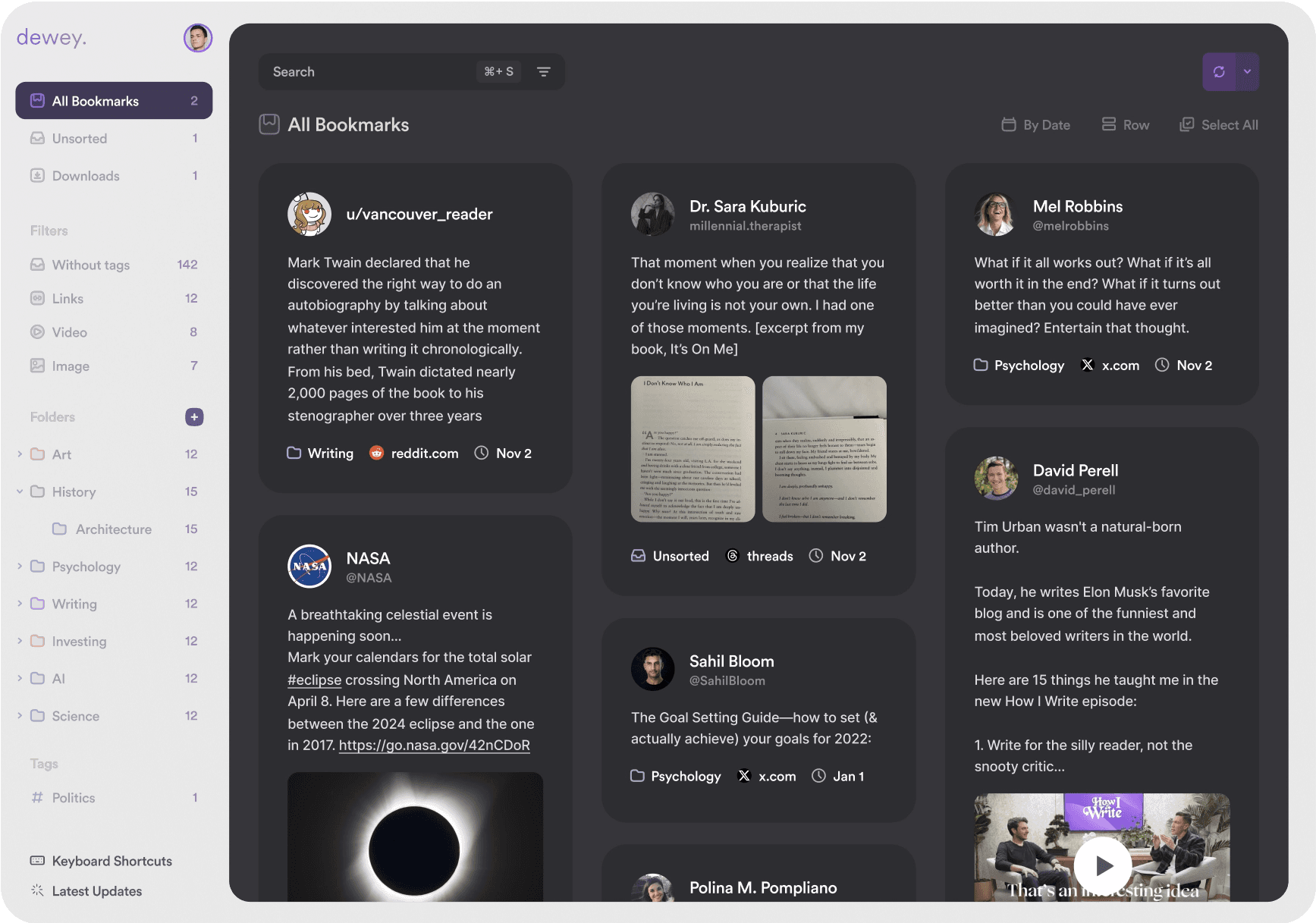 A screenshot of Dewey's dashboard, listing a user's saved LinkedIn posts for future reference