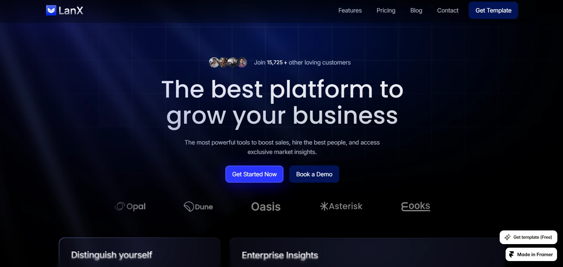 Homepage of the LanX landing page template