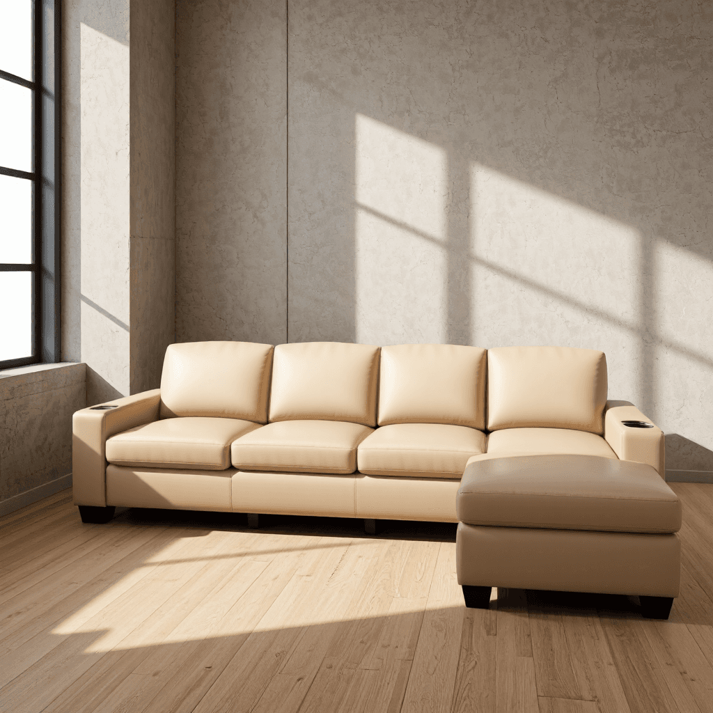 product photography of a sectional sofa with built-in cup holders