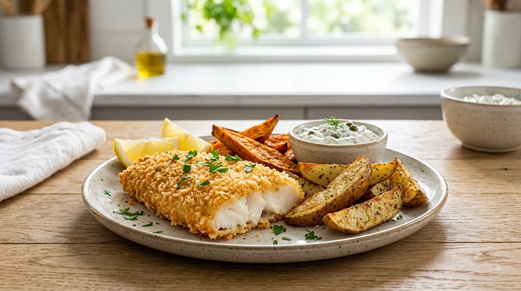 A plated meal featuring a flaky, golden-breaded cod fillet, roasted sweet potato and potato wedges, served with fresh lemon slices and a creamy yogurt-based dipping sauce with dill on a wooden table.