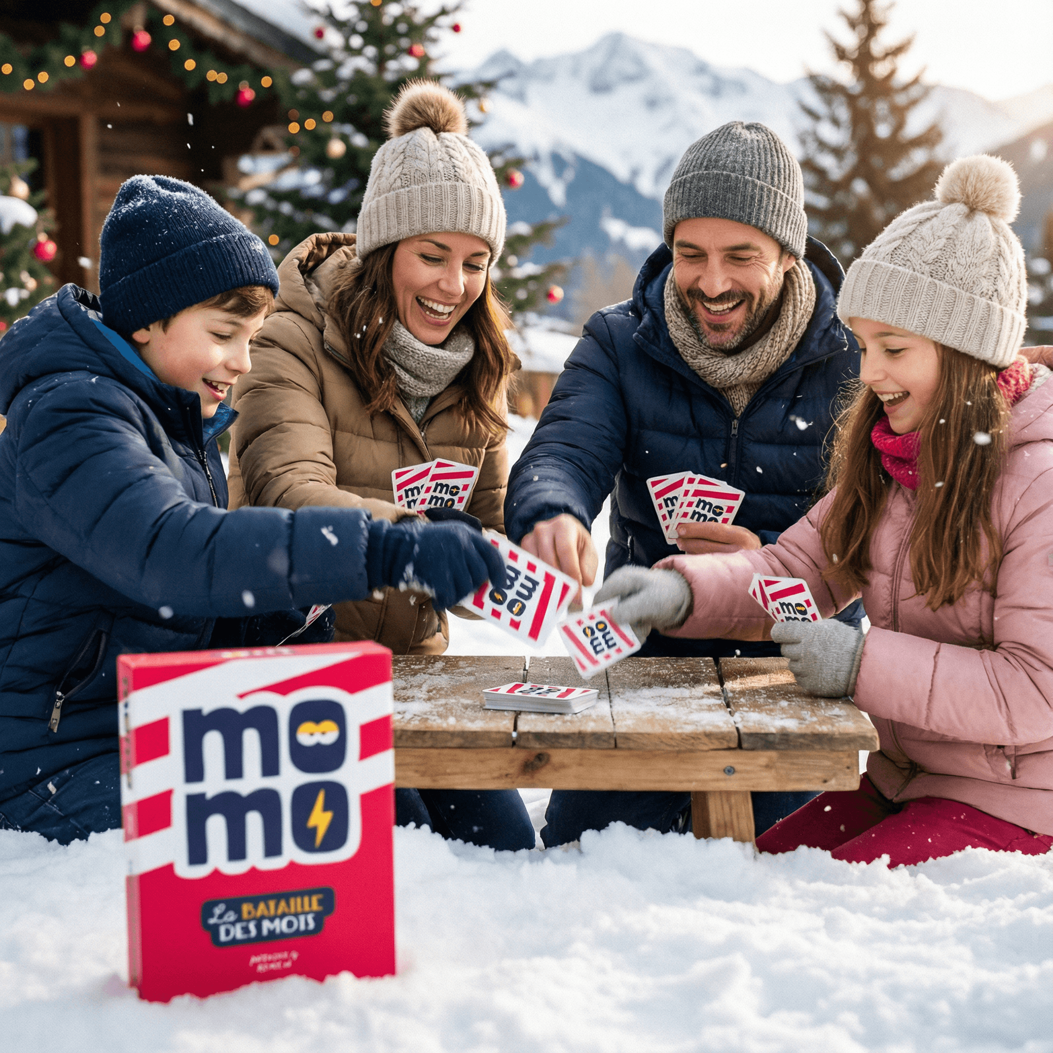 Une famille qui jouent à Momo lors d'un week-end au ski