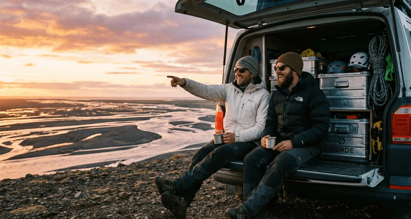 Two smiling men sitting on a van's tailgate drinking coffee overlooking a river delta.