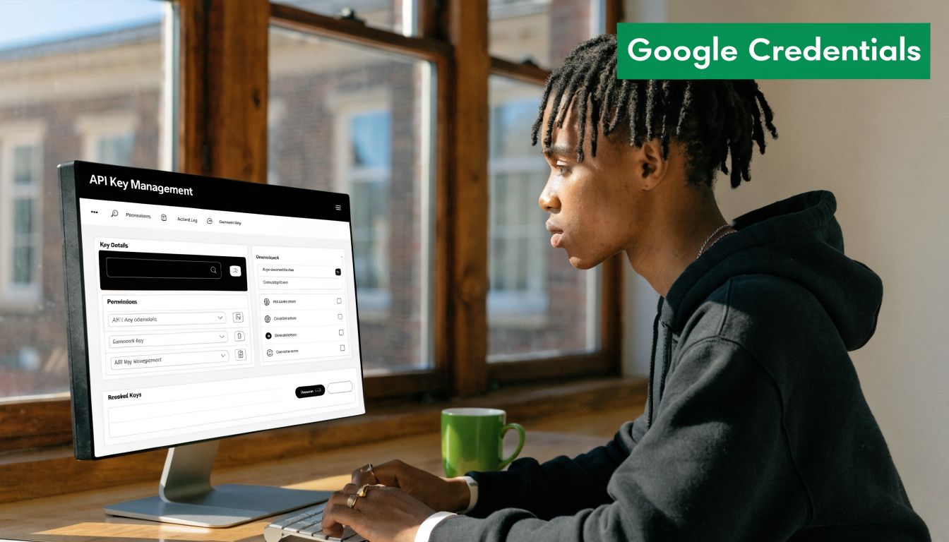 A young man with braided hair working on a computer interface for managing Google API keys.