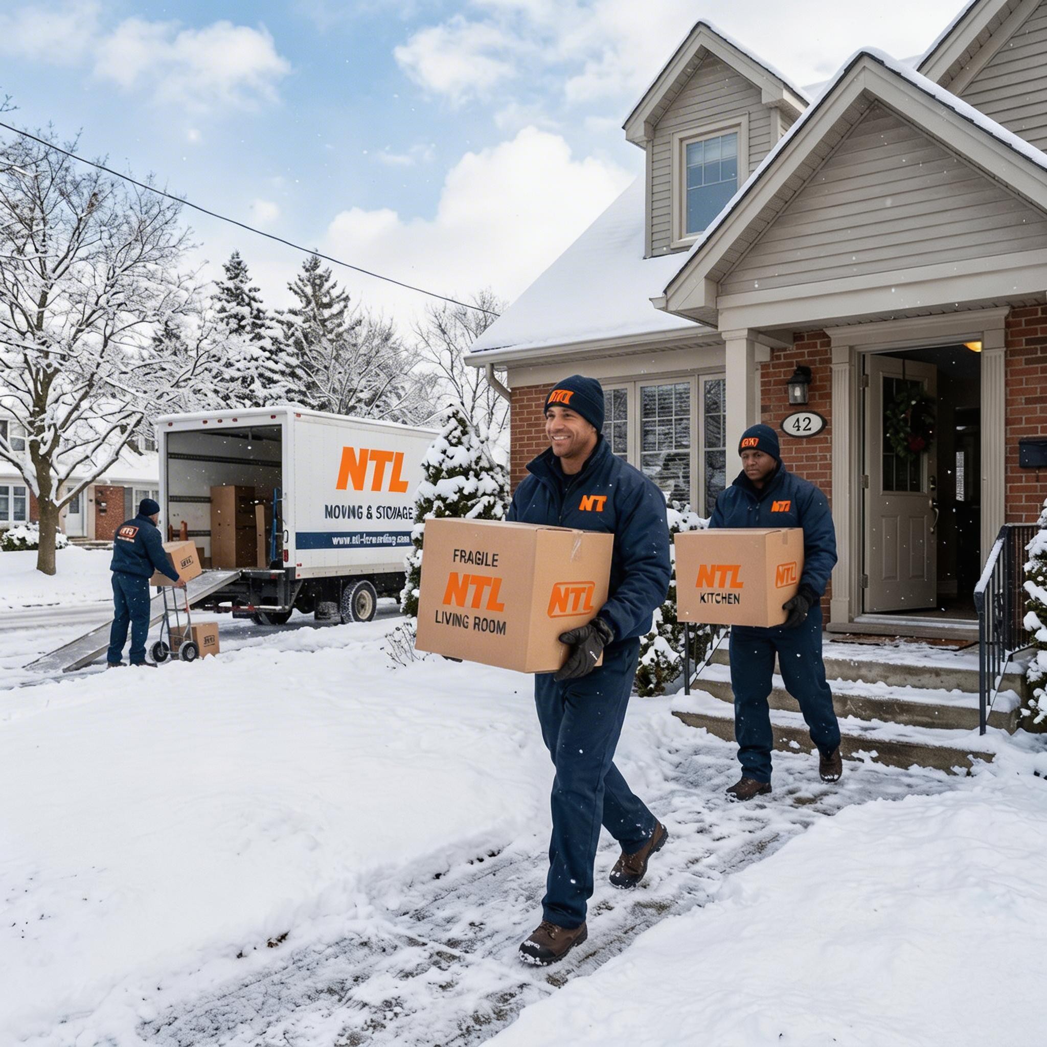 Professionelle Umzugshelfer in gebrandeter Arbeitskleidung tragen an einem klaren Winternachmittag bei leichtem Schneefall effizient Kartons in ein Haus
