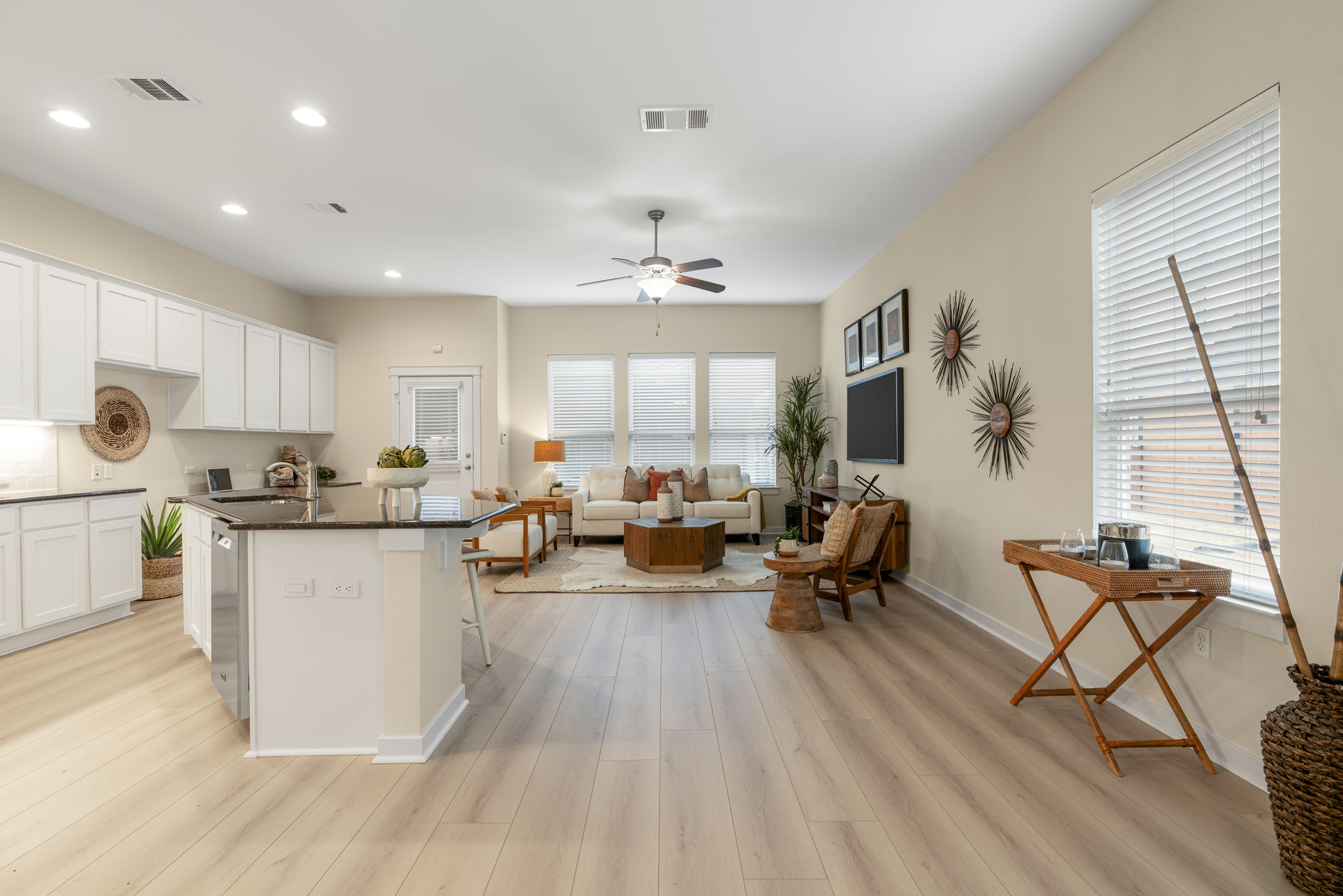 The open concept design of the kitchen/livingroom of 4116 Berkman Drive