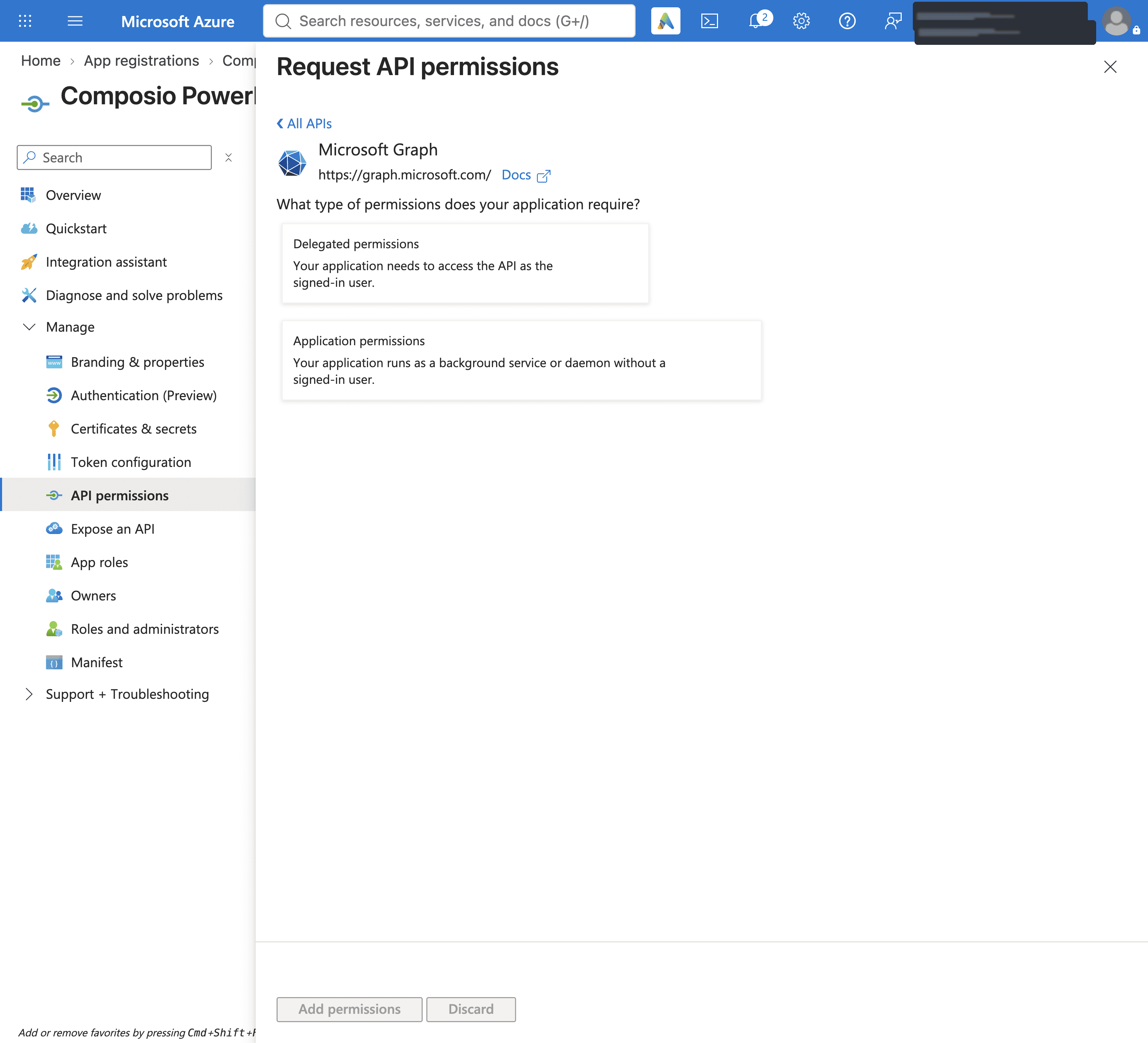 Delegated permissions option