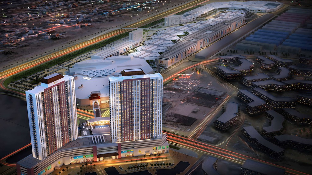 Artist's rendering of the proposed Dragon Towers casino resort in the city, showcasing modern architecture and vibrant surroundings.
