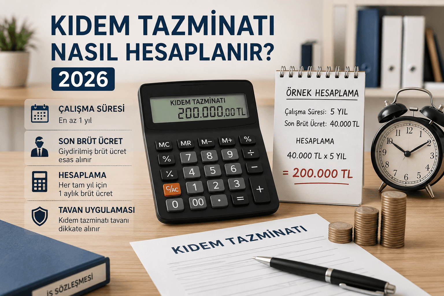 2026 kıdem tazminatı nasıl hesaplanır konulu bilgilendirici görsel. Kıdem tazminatı hesaplama örneği, çalışma süresi, son brüt ücret, kıdem tazminatı tavanı ve işçi hakları hakkında temel bilgileri içeren infografik tasarım