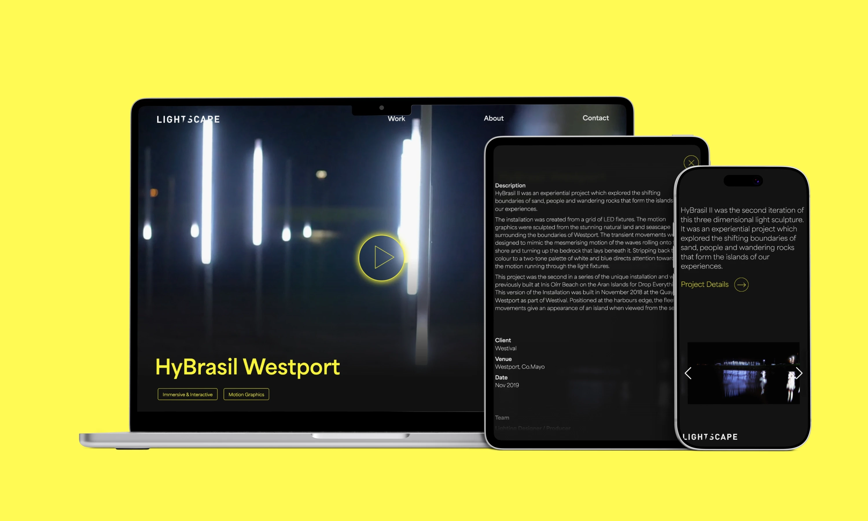 A trio of mockups for laptop, tablet and mobile of a lightscape project page