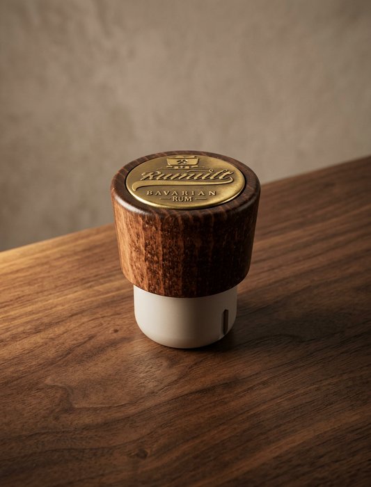 A darkened cylindrical object with a logo on top.
