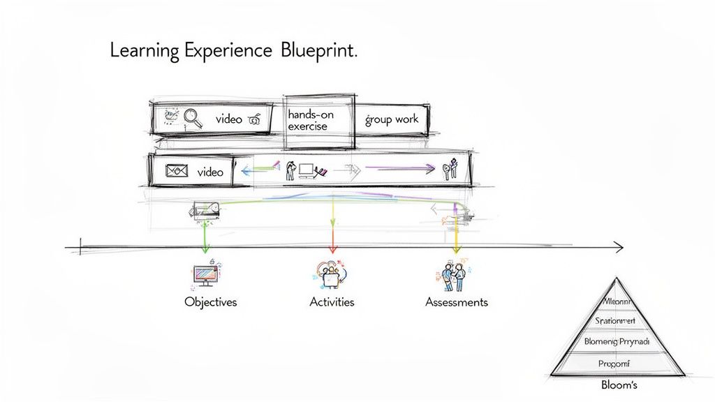 A hand-drawn Learning Experience Blueprint diagram showing educational activities, objectives, activities, assessments, and Bloom's taxonomy.