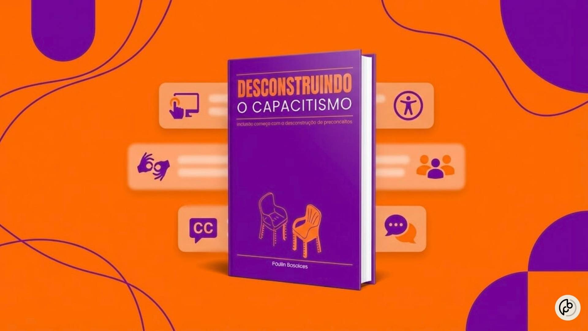Retangulo laranja com simbolos geométricos roxos. 