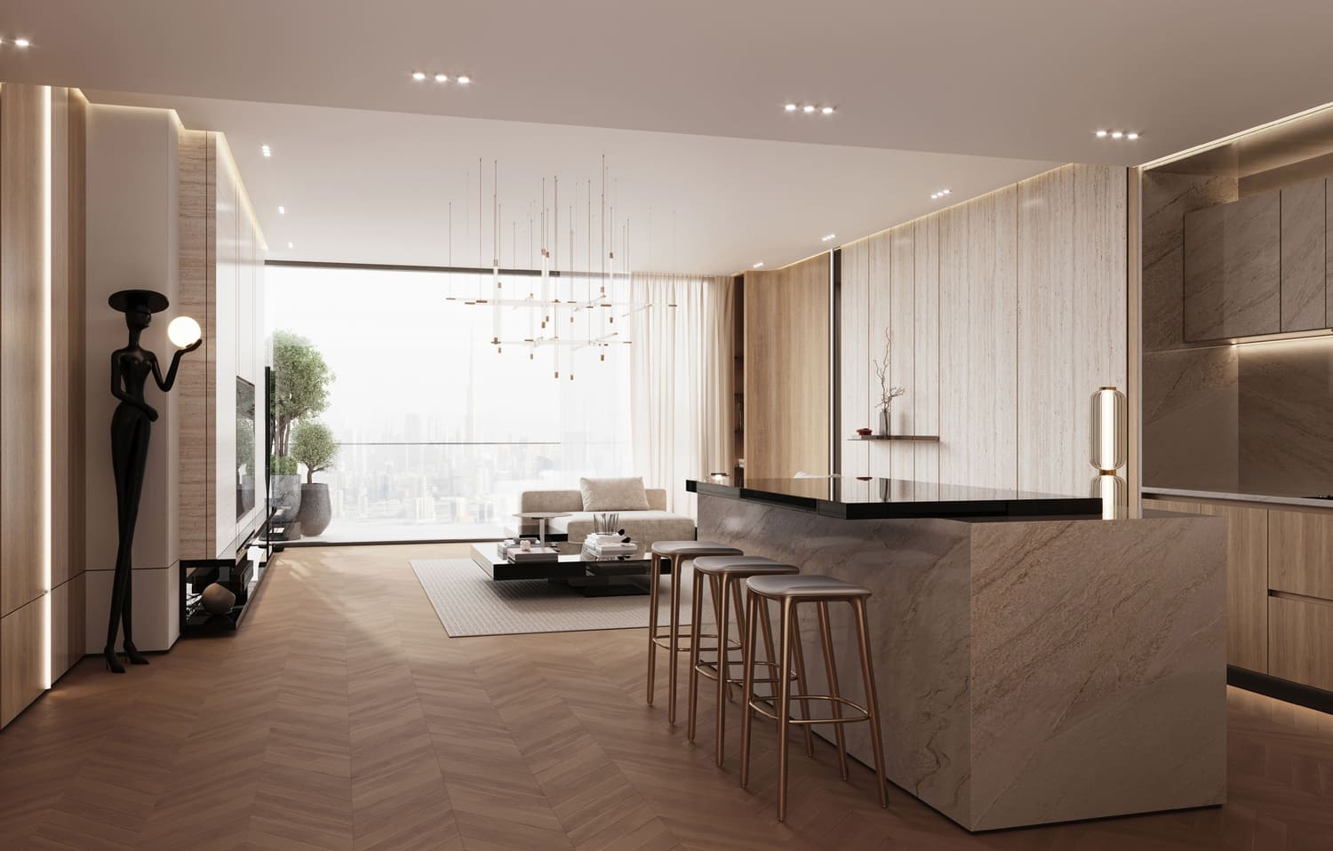 Modern kitchen interior with polished wooden floors and a generous island, emphasizing a stylish and open layout.