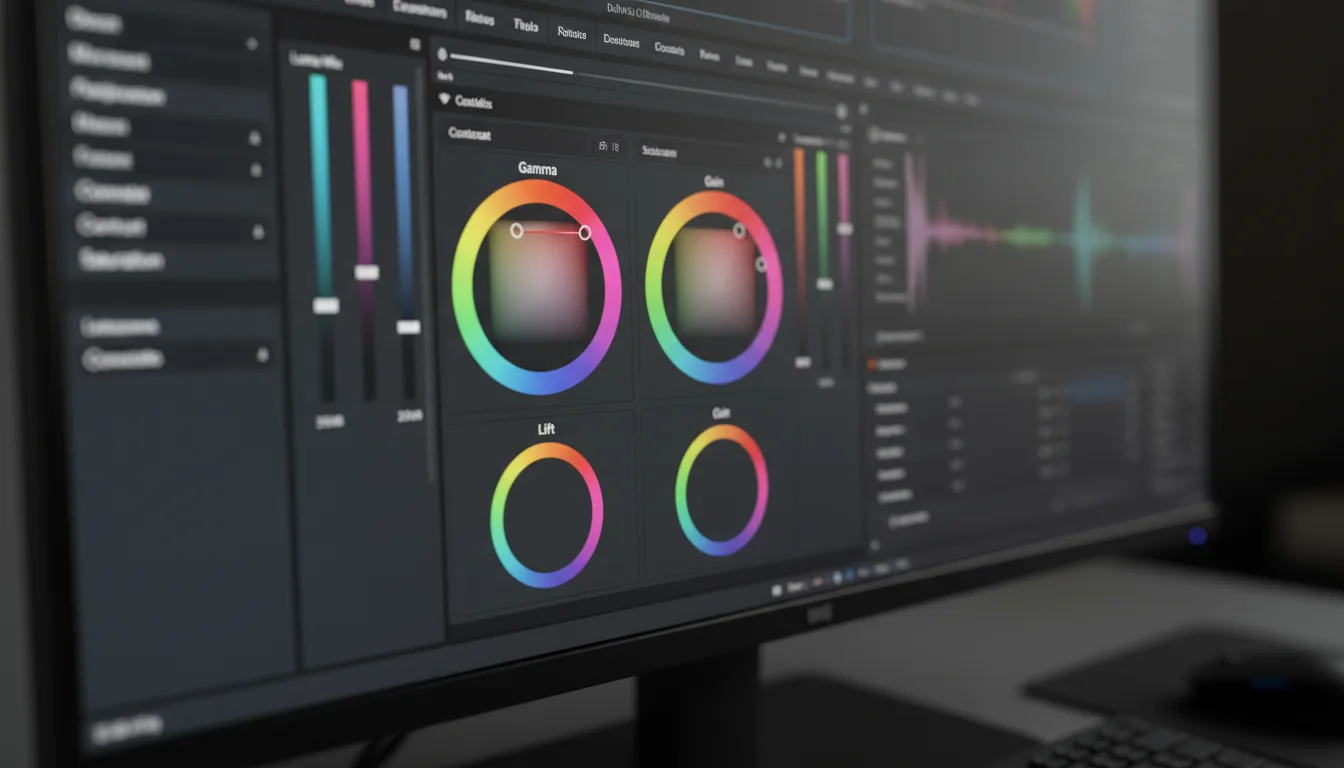 Macro DSLR photo of the DaVinci Resolve video editing software's color grading panel, displayed on a high-resolution monitor. The shot is taken at a slight angle with an extremely shallow depth of field, focusing sharply on the vibrant rainbow-colored 'Gamma' and 'Gain' wheels. The user interface is a professional modern dark mode, with other UI elements like sliders and abstracted numerical readouts softly blurred into the background. The glowing screen, showing a visible pixel grid and subtle chromatic aberration, is the primary light source in the dark environment.