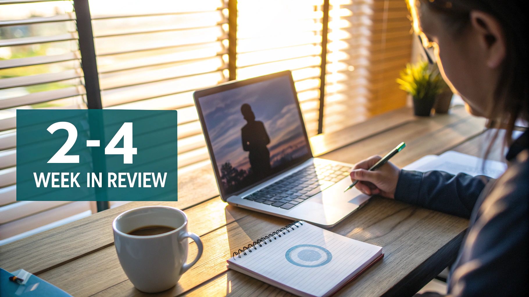 Person working at desk, writing in notebook with laptop, coffee, and '2-4 Week in Review' text.
