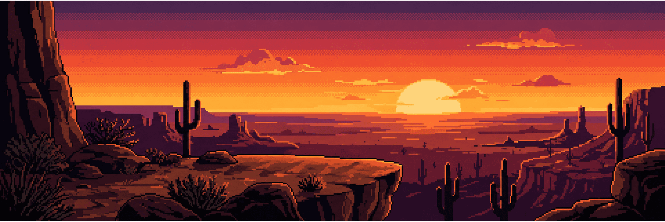 An orange sunset over a purple desert canyon, with cacti and a rocky foreground cliff