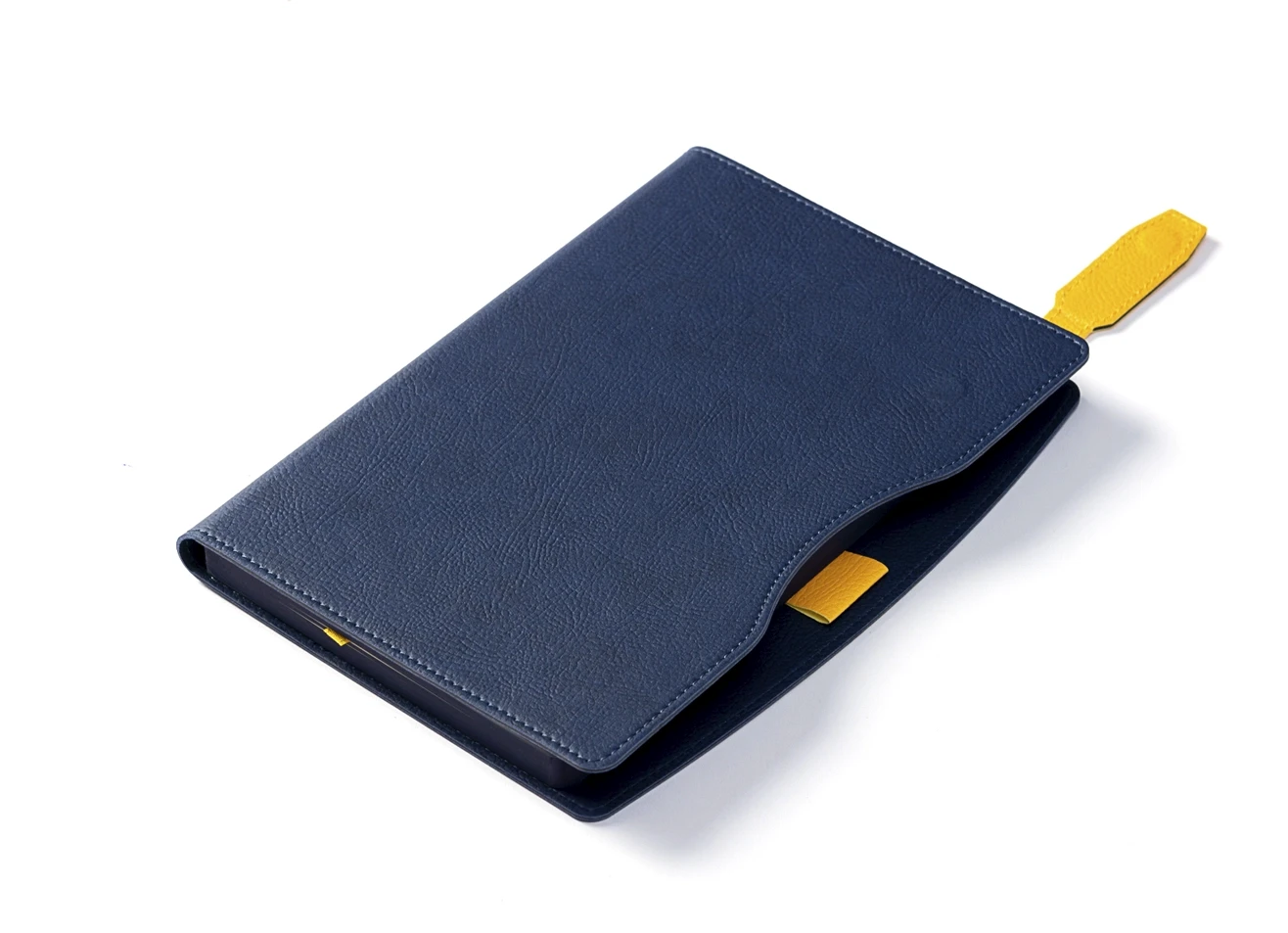 Angled view of blue sleeve cover with yellow pen loop.