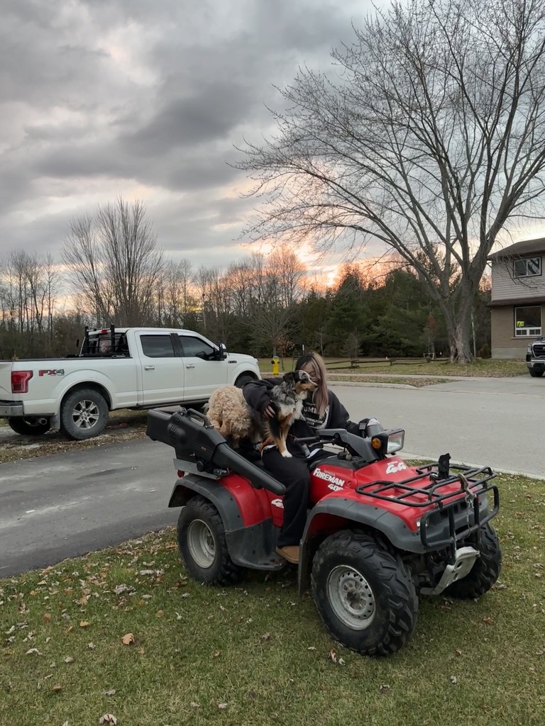 A person sitting on an ATV with two dogs
