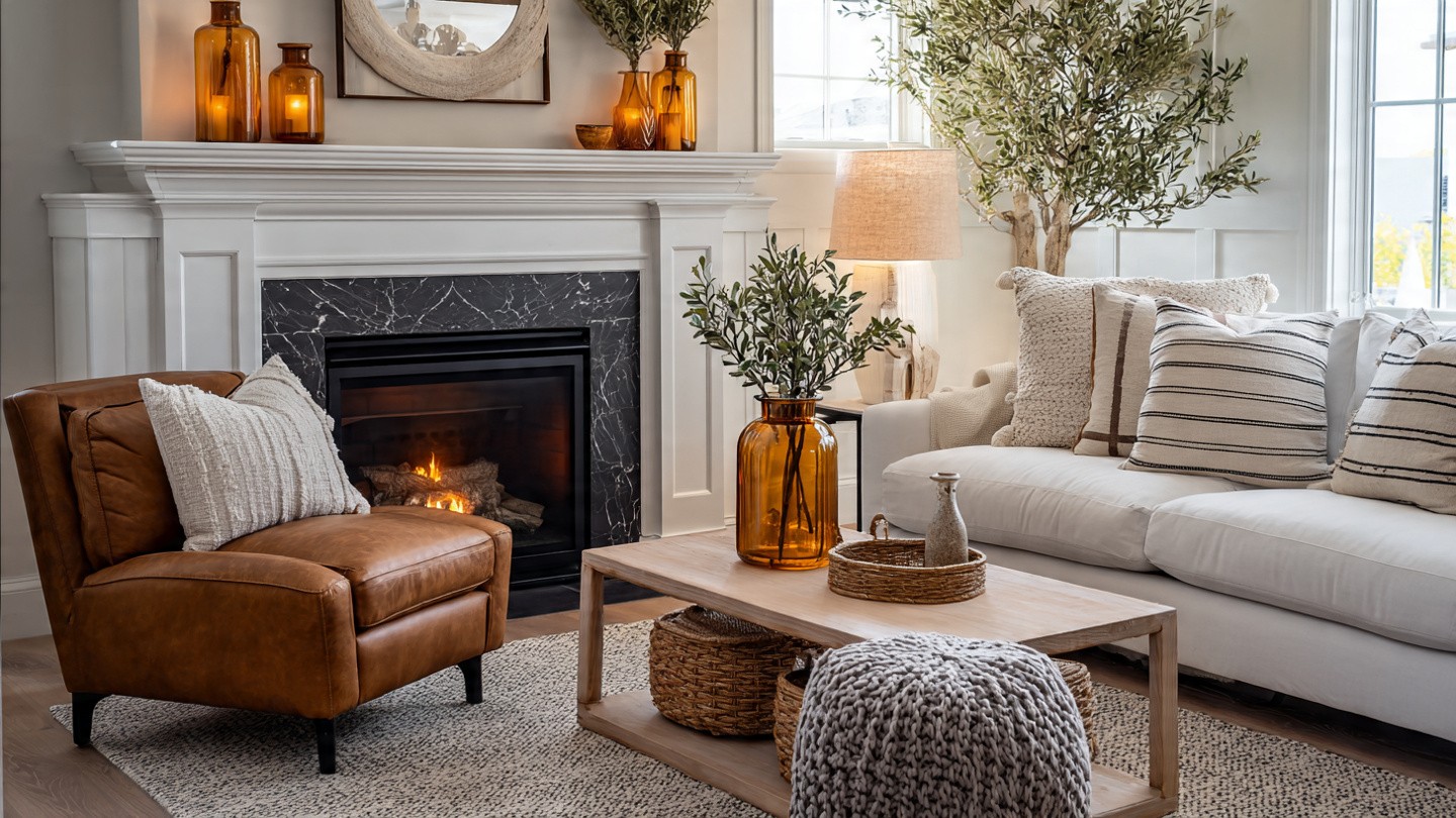 Cozy living room with a marble fireplace, lit fire, white sofa, brown leather chair, striped cushions, wooden coffee table, and warm lighting.