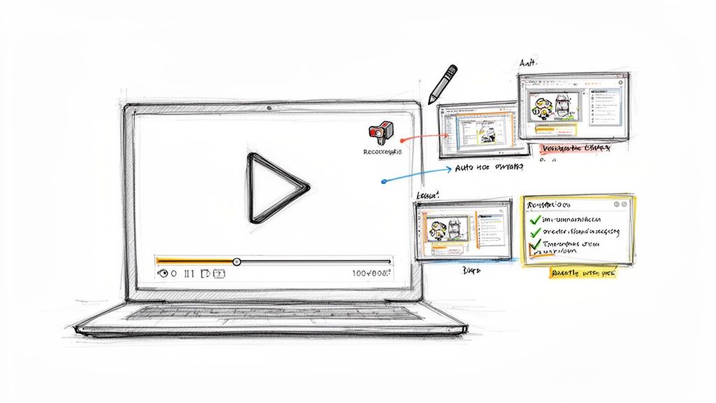 A hand-drawn sketch of a laptop playing a video, surrounded by workflow diagrams and related screens.
