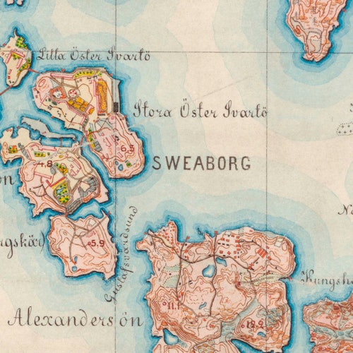 Historiallinen kartta, jossa on saaret nimettyinä "Lilla Öster Svarto", "Stora Öster Svarto" ja "Alexandersön", ja jossa "SWEABORG" on korostettu keskellä.