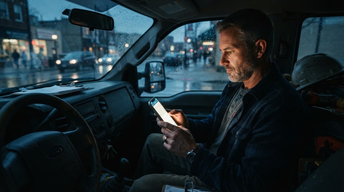A contractor checks a smartphone inside a work truck.