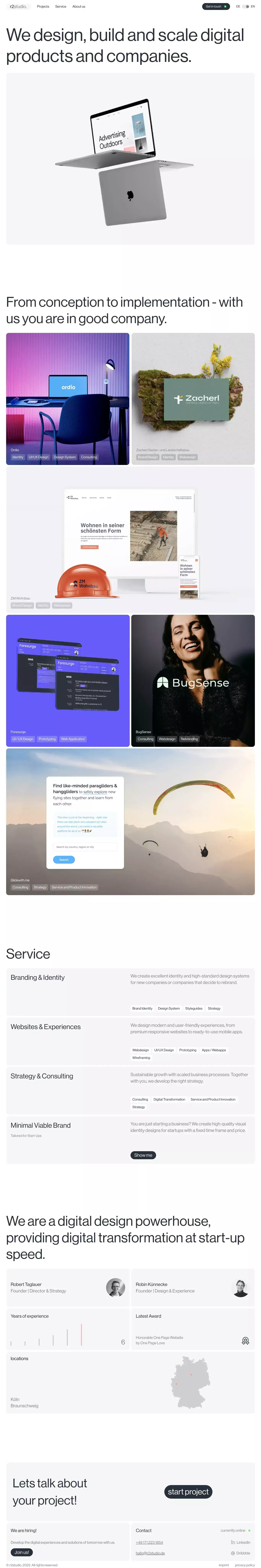 r2studio. - We design, build and scale d portfolio page screenshot showcasing Design and Tech design