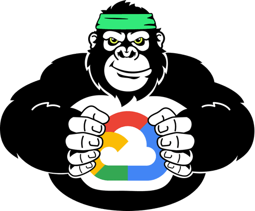 This illustration depicts a strong gorilla wearing a green headband, gripping a colorful cloud logo combining red, yellow, blue, and green elements, suggesting themes of technology and power.