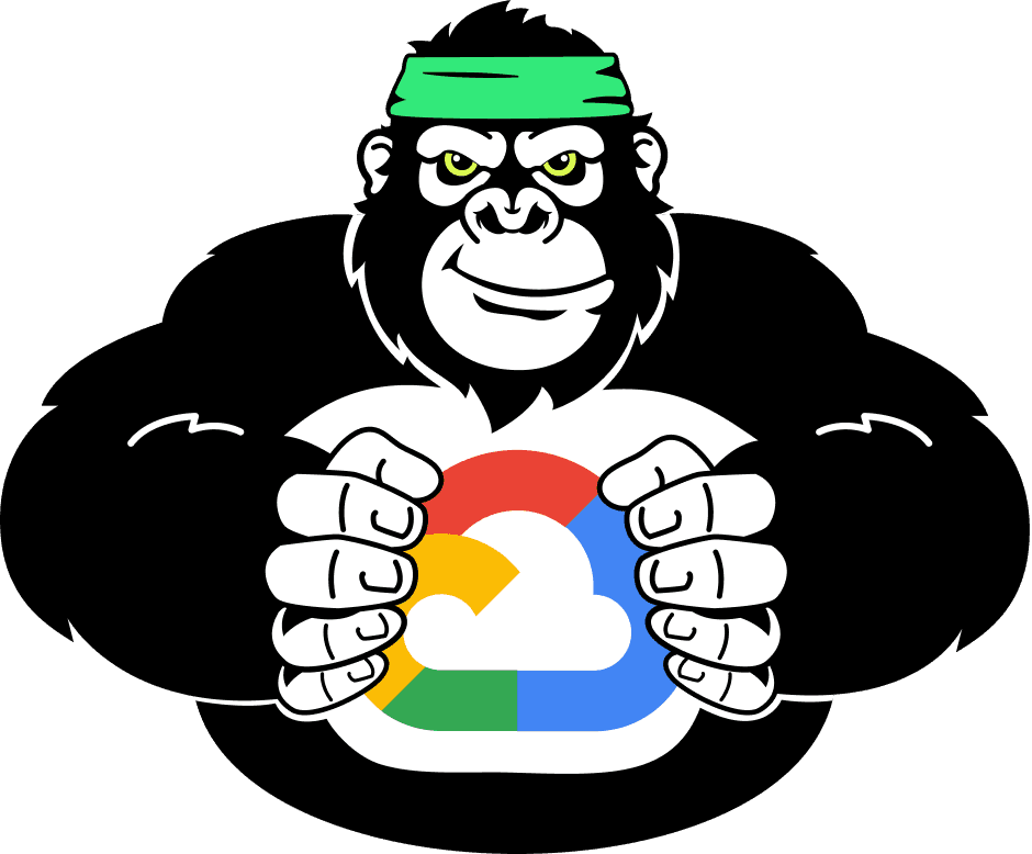 This illustration depicts a strong gorilla wearing a green headband, gripping a colorful cloud logo combining red, yellow, blue, and green elements, suggesting themes of technology and power.