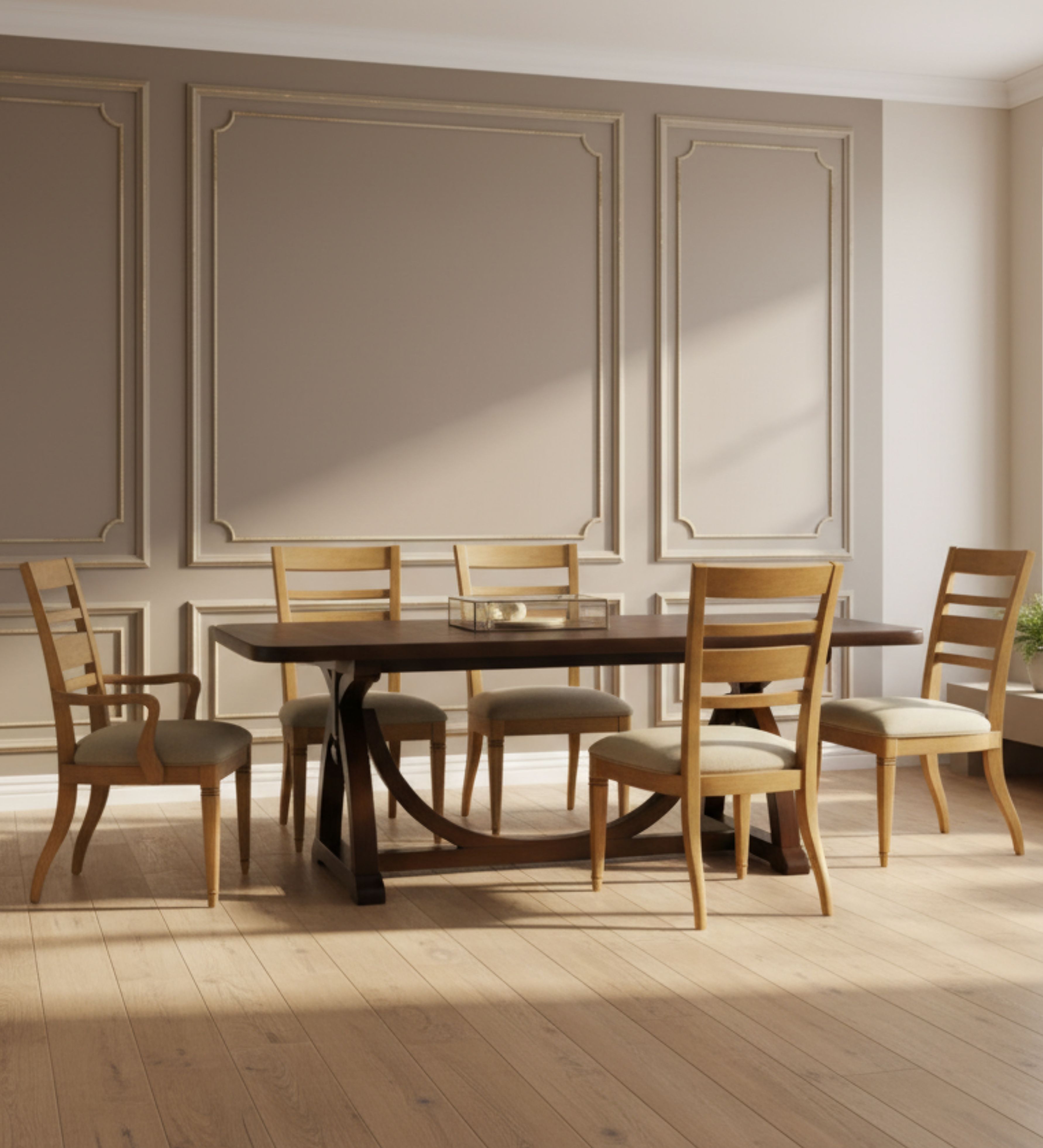Light wood dining table with gently curved legs, paired with simple wooden chairs 