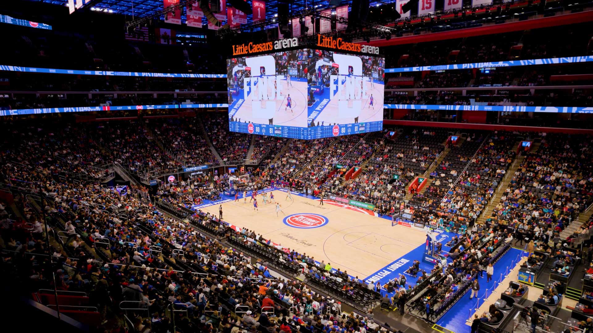 Custom LED screen animations at Little Caesars Arena created by expert sports motion graphics team