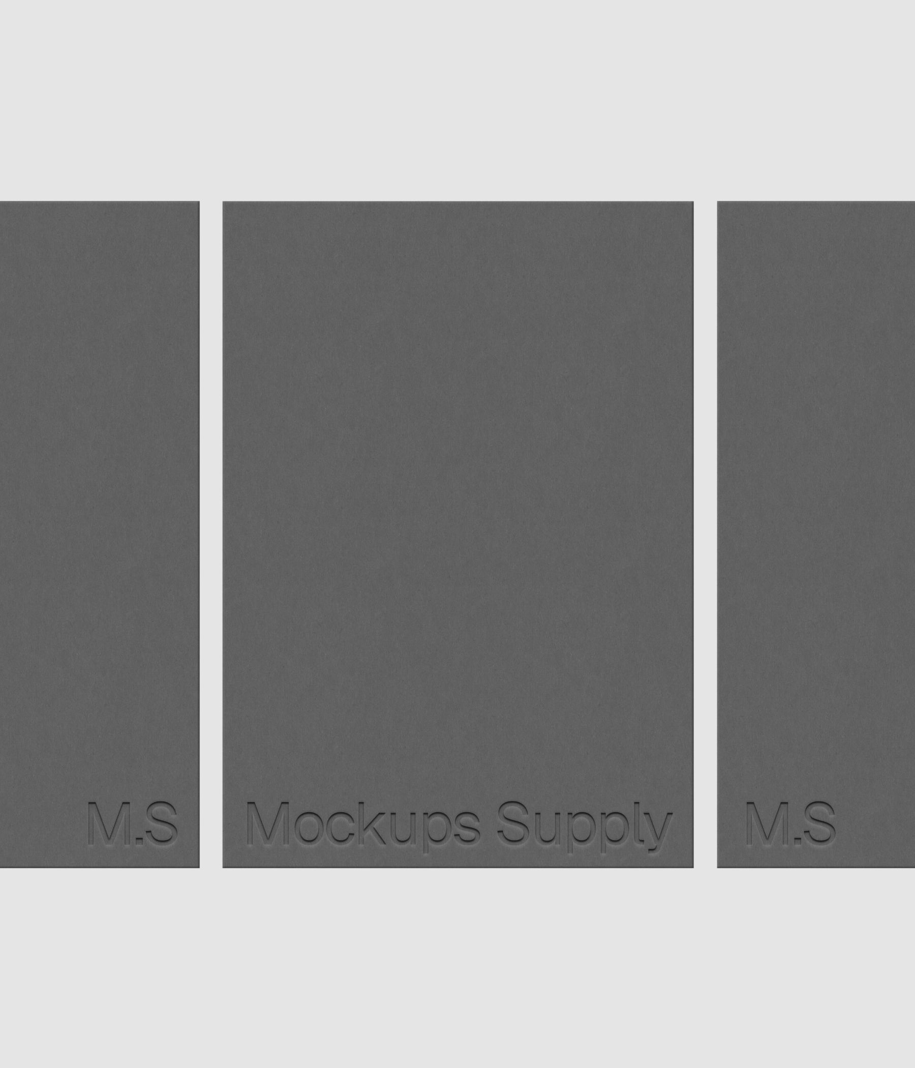 Three A4 paper mockup PSD in a row with debossed logo effect, gray papers on white background, modern minimal stationery mockup for print design and brand identity
