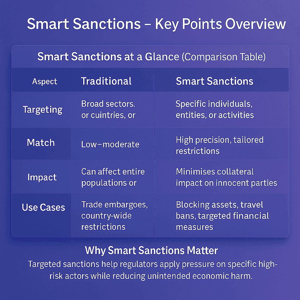 Smart sanctions comparison table showing the differences between traditional broad-sector sanctions and targeted smart sanctions across targeting, match precision, impact, and use cases.