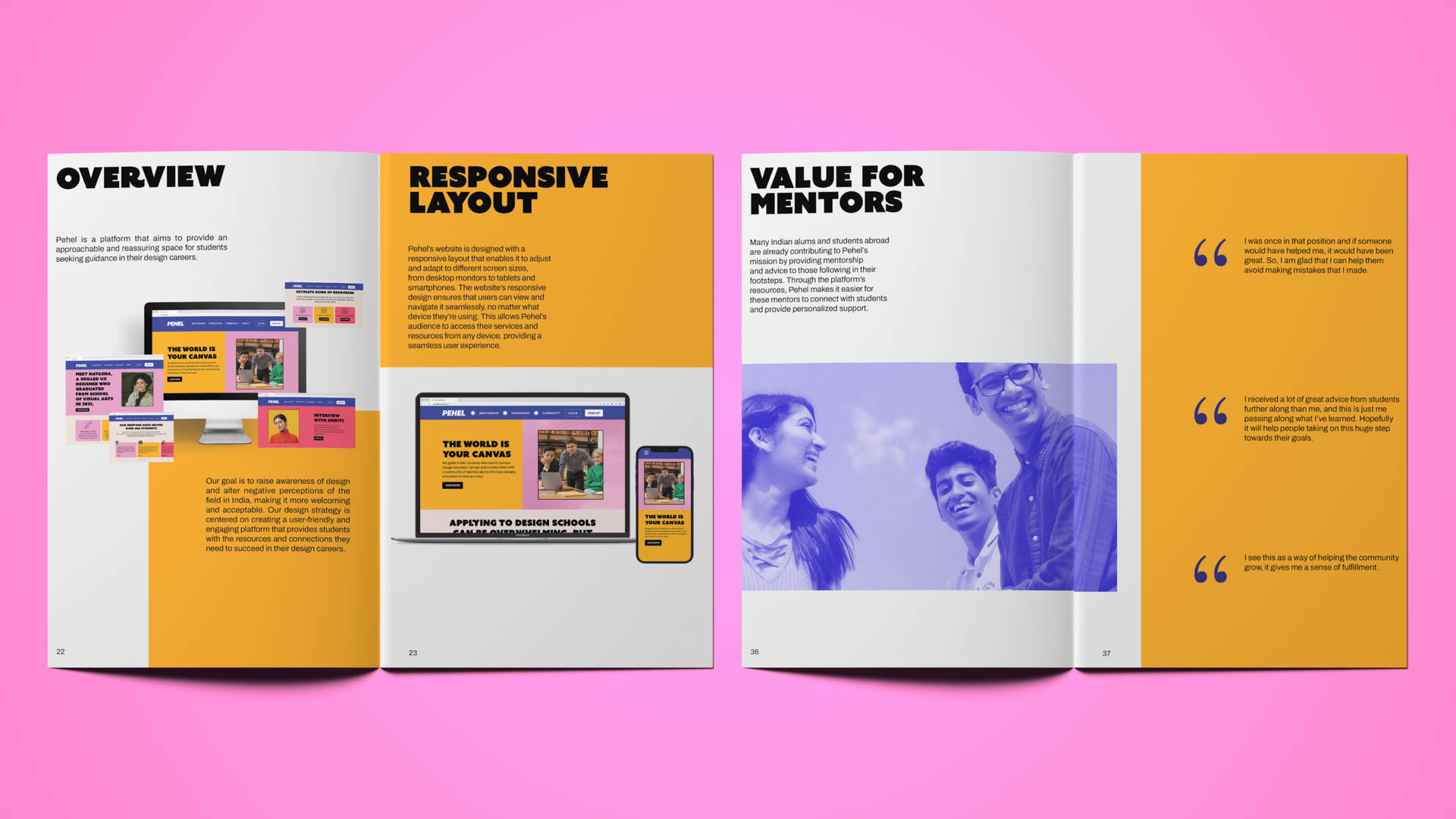 The image shows two pages from a design book or magazine, laid out on a pink background. The left page is titled "OVERVIEW" and features a white background with orange panels containing images of laptops, smartphones, and screenshots of website mockups. The text describes a platform for designers to present their work in an accessible and navigable way. The right page is titled "RESPONSIVE LAYOUT" and has a yellow-orange background with black text. It includes a photo of a family, a quote about mentors, and text discussing the platform’s features and benefits for designers.