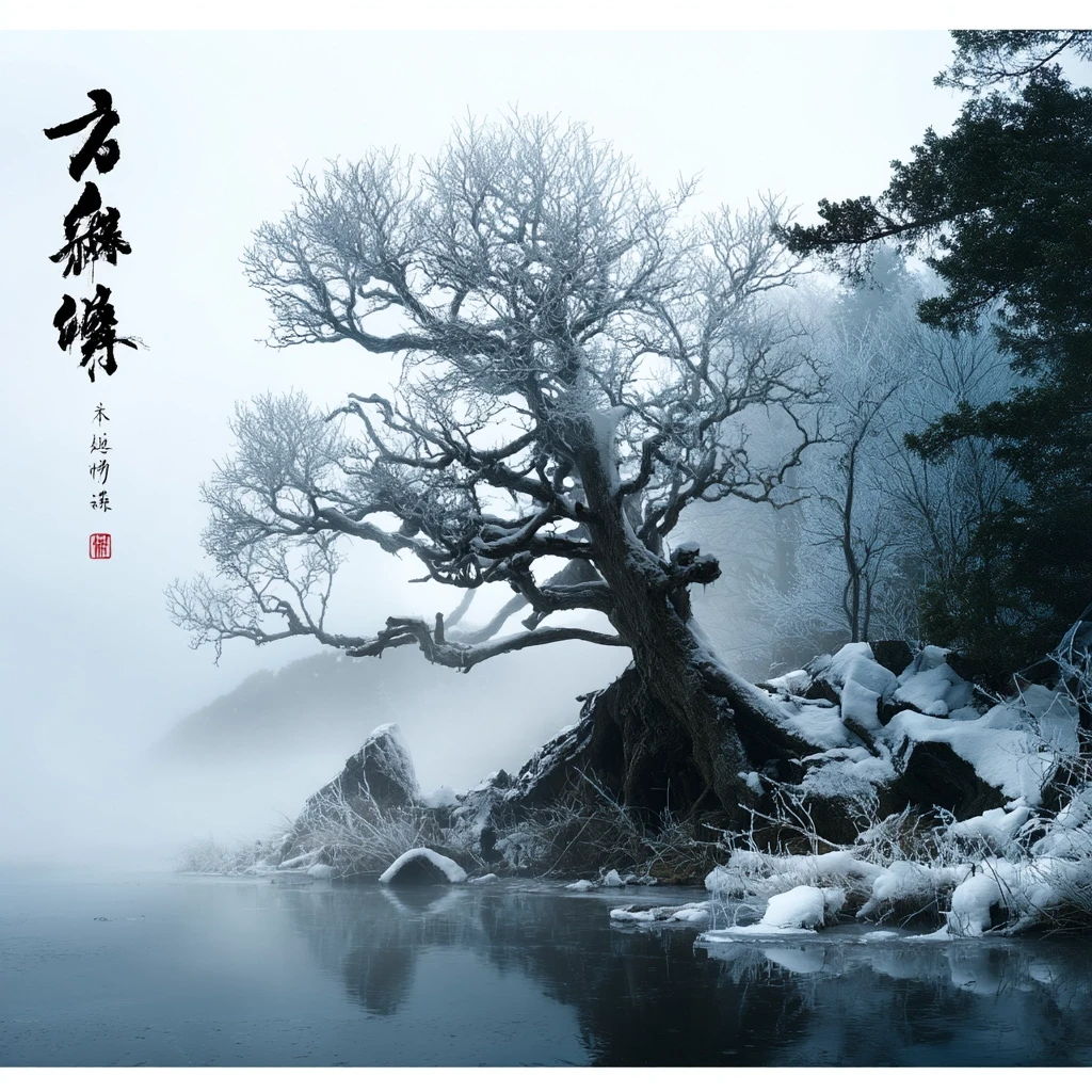 eine zeichnung eines baums an einem ufer, schnee liegt überall, links sind chinesische oder japanische schriftzeichen zu sehen