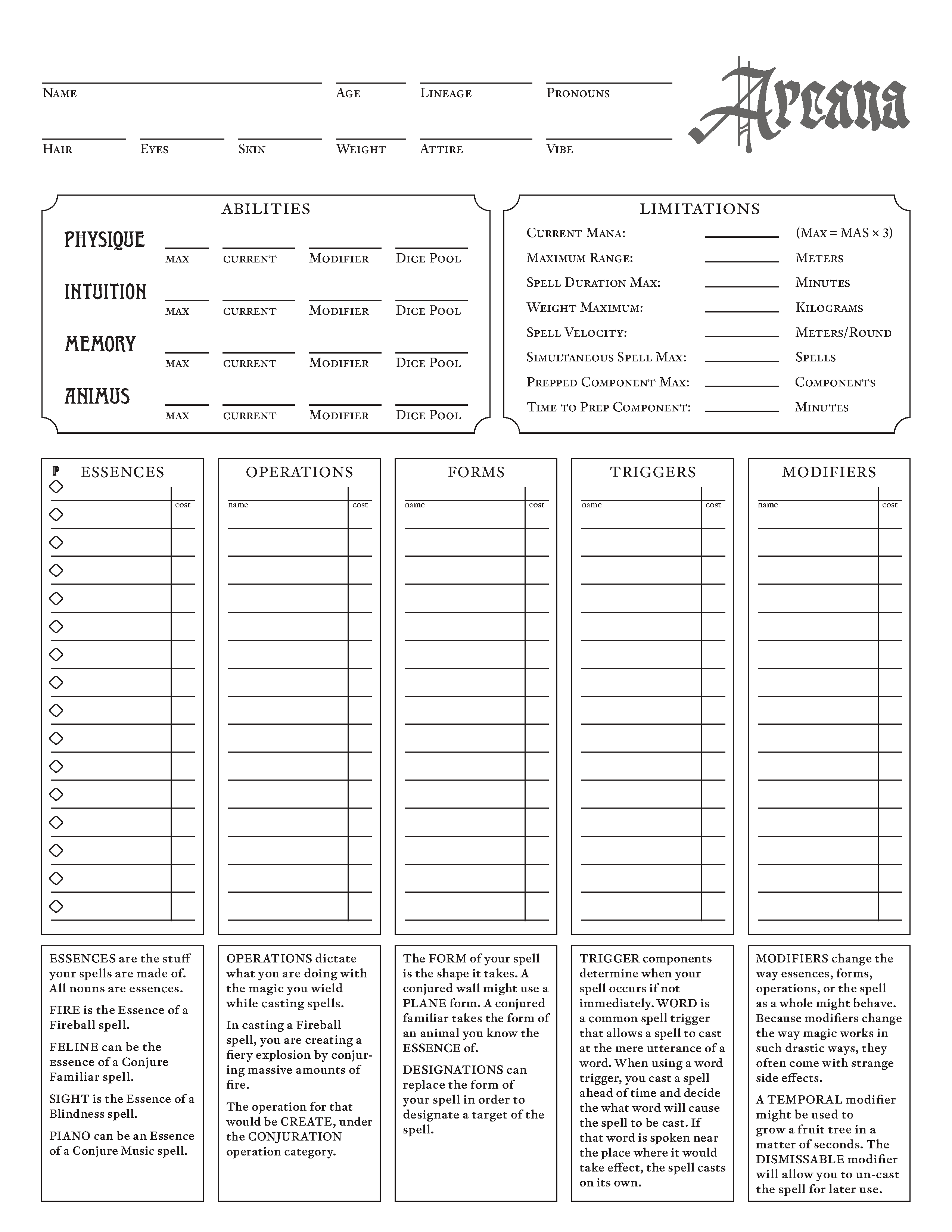 Arcana Character Sheet