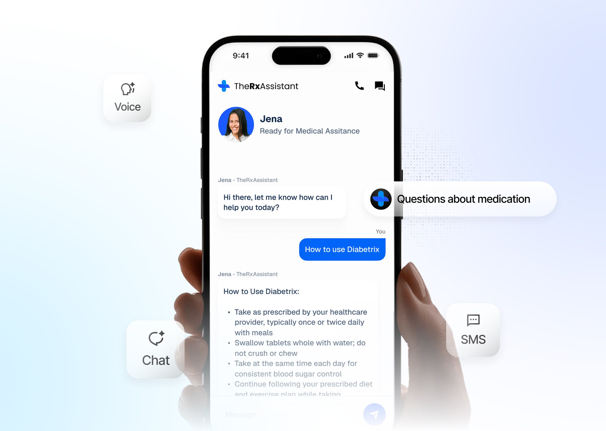 The Rx Assistant patient chat on mobile, with voice, chat and SMS channels alongside
