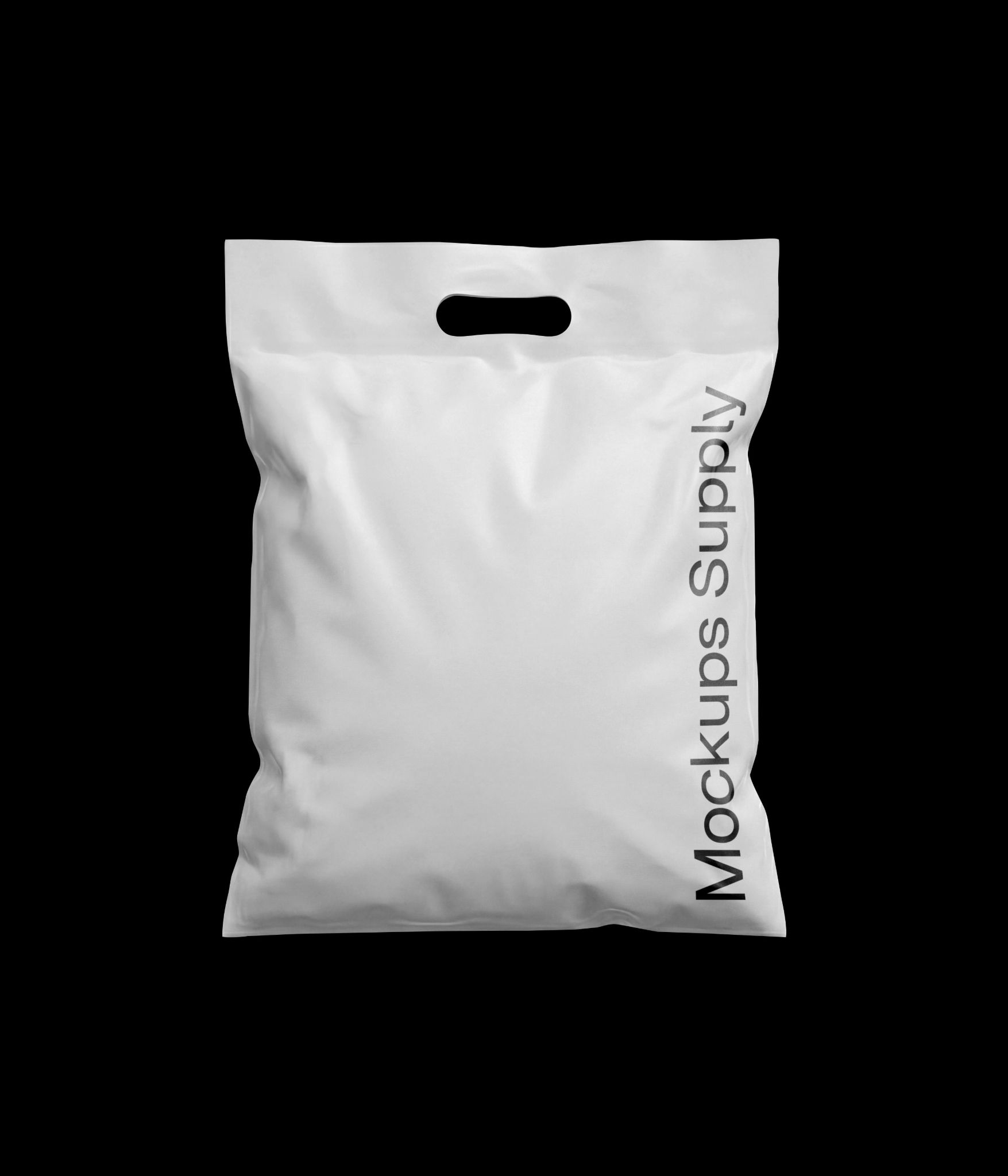 Glossy plastic merchandise bag mockup front view, die cut handle retail packaging branding on dark studio