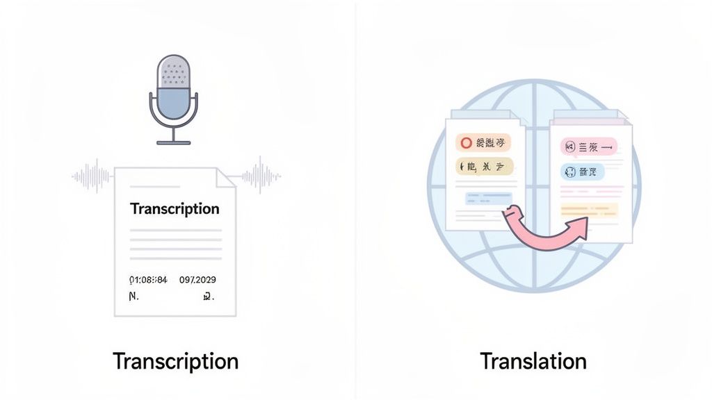 Illustration showing transcription converting audio to text and translation transforming documents between languages.