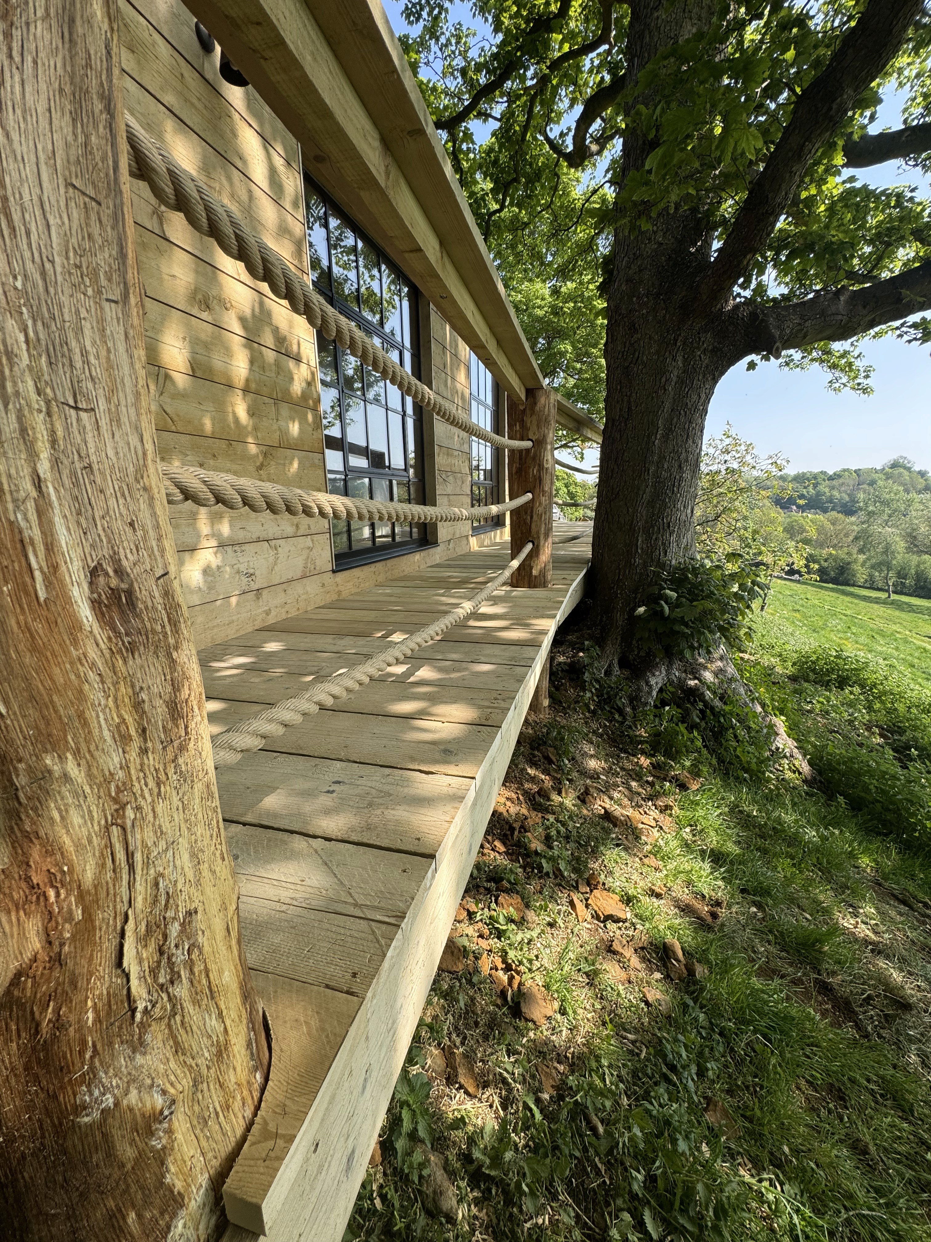A wooden deck with rope railing attached to a tree, overlooking a grassy field with trees in the background on a sunny day.