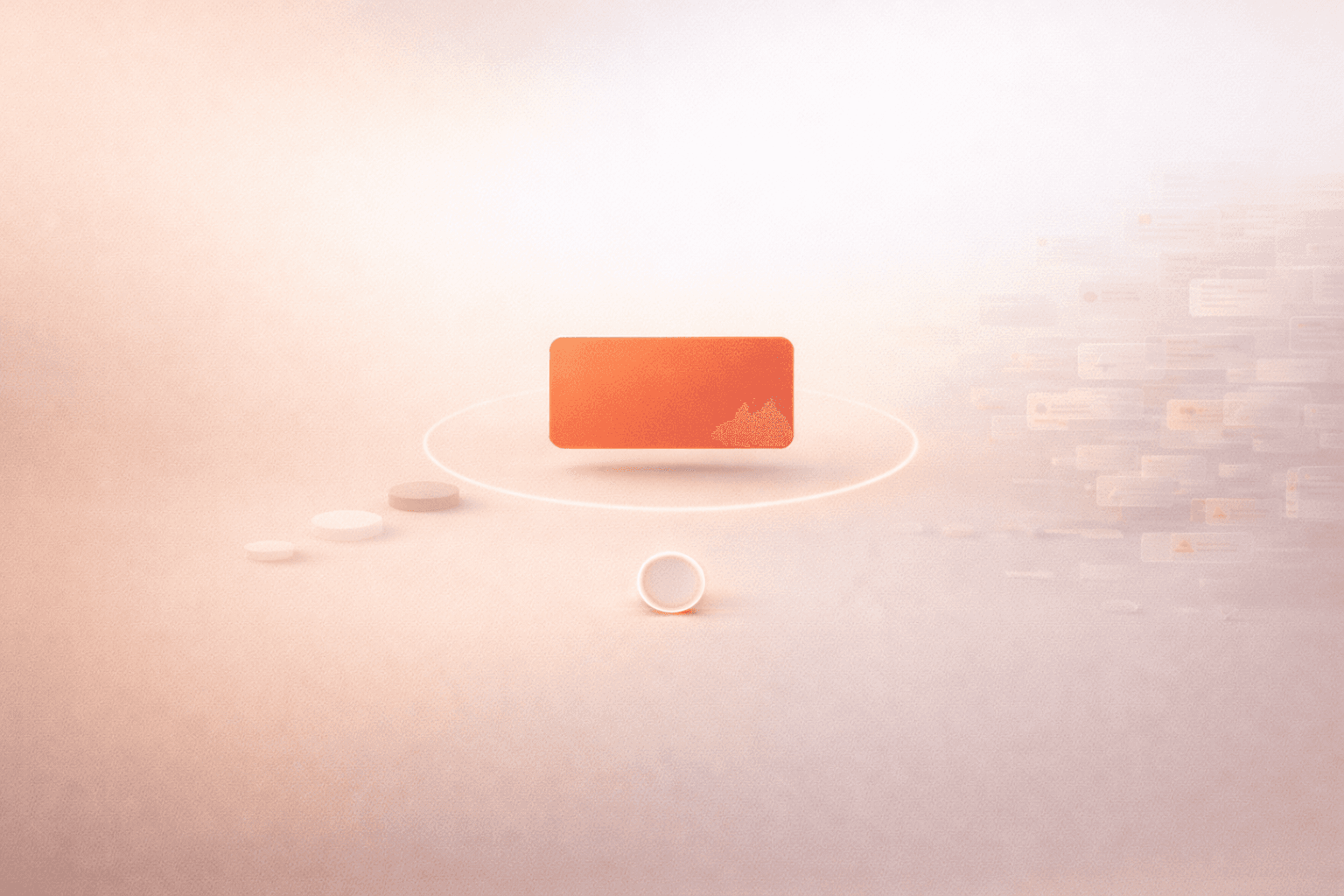 Minimalistische 3D-Illustration auf warmem cremebeigem Hintergrund mit einer zentral schwebenden korallorangenen Aufgabenkarte, einem kleinen Timer-Ring davor, drei dezenten Schrittsteinen links als Start-Hilfe und rechts verblassenden Benachrichtigungs-Elementen als Symbol für reduzierte Ablenkung.