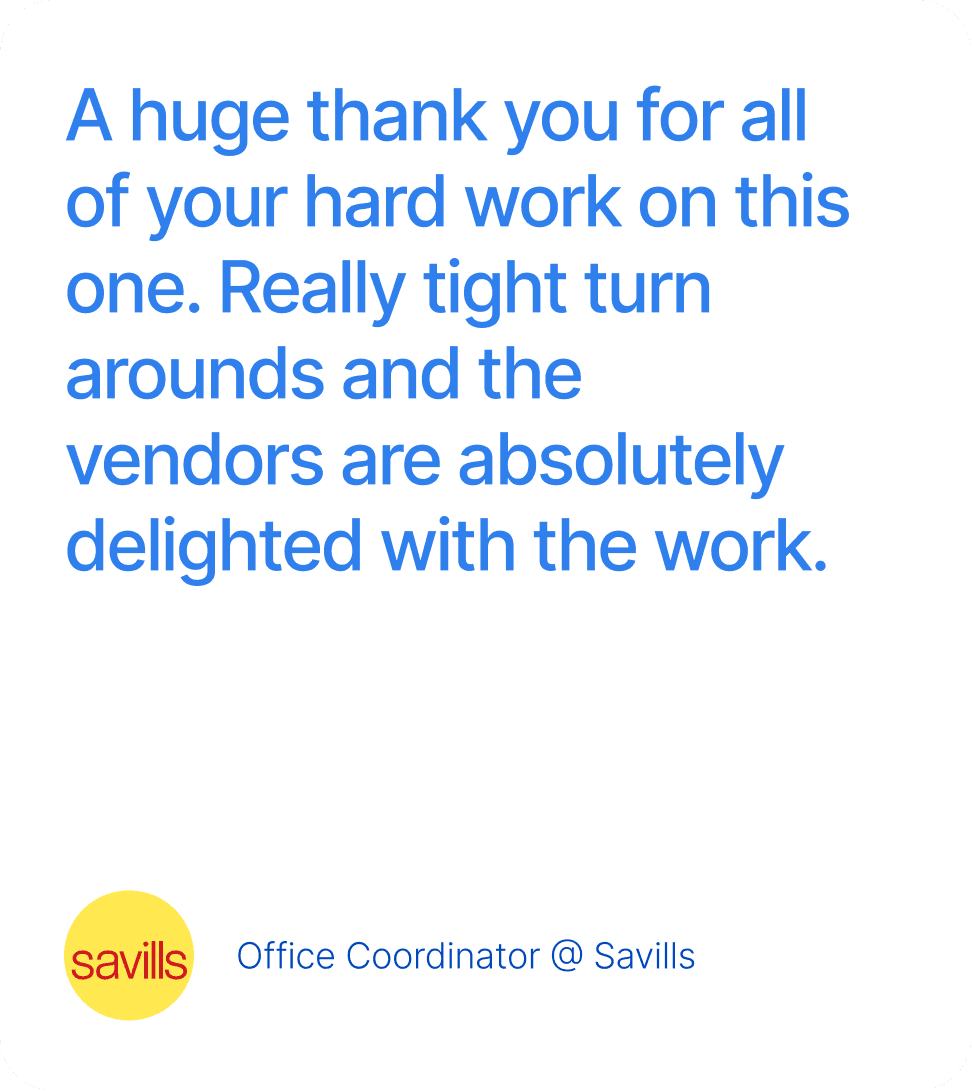 Client testimonial from Alice Hall, Office Coordinator at Savills, praising Click Media Group for tight turnarounds and vendor satisfaction with high-quality property marketing services