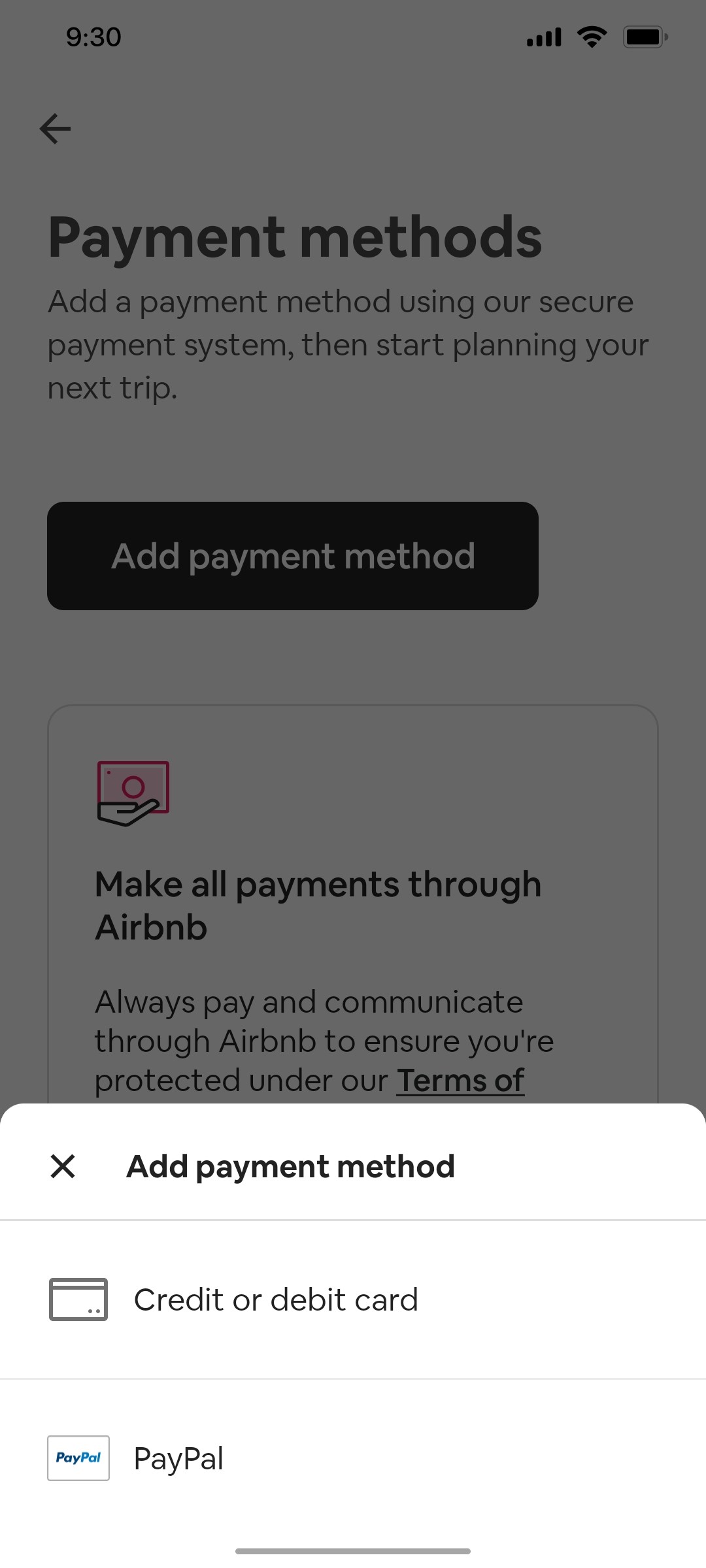 Airbnb Add payment methods screen