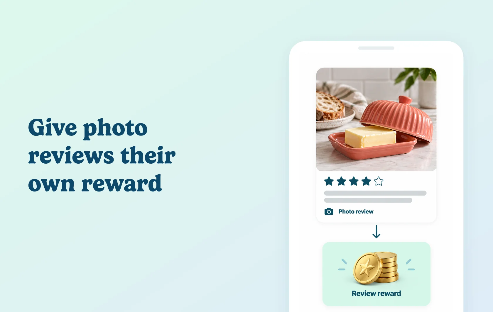 Judge.me and Beans integration: illustration of a butter-dish photo review connected to a single loyalty reward inside a phone.