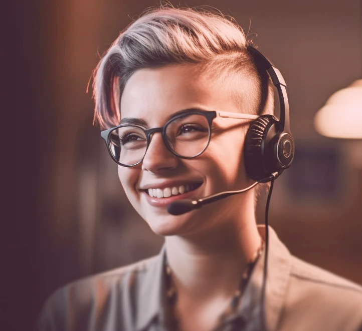 Smiling customer support agent wearing a headset assisting users