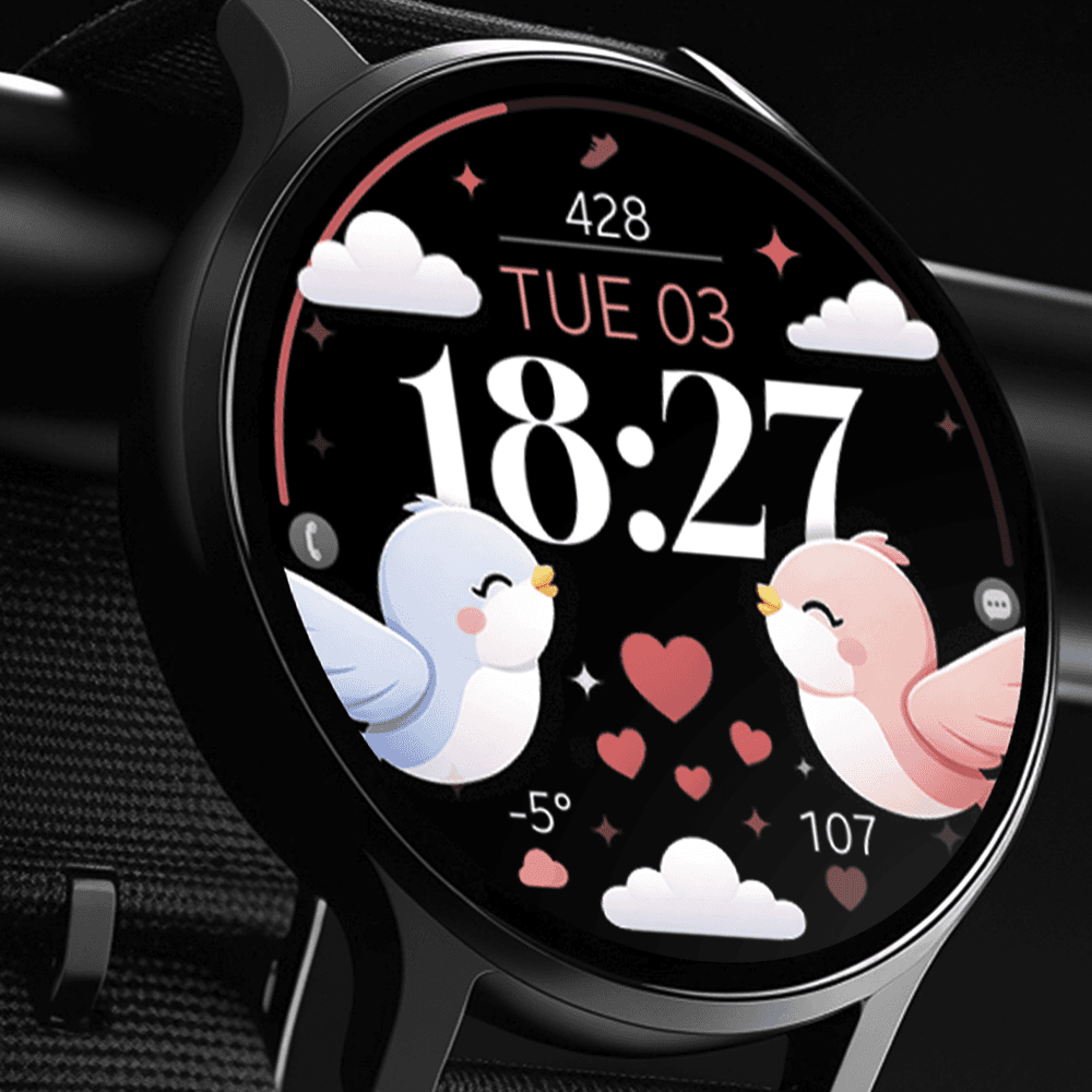 Modern Wear OS smartwatch displaying a love digital watch face