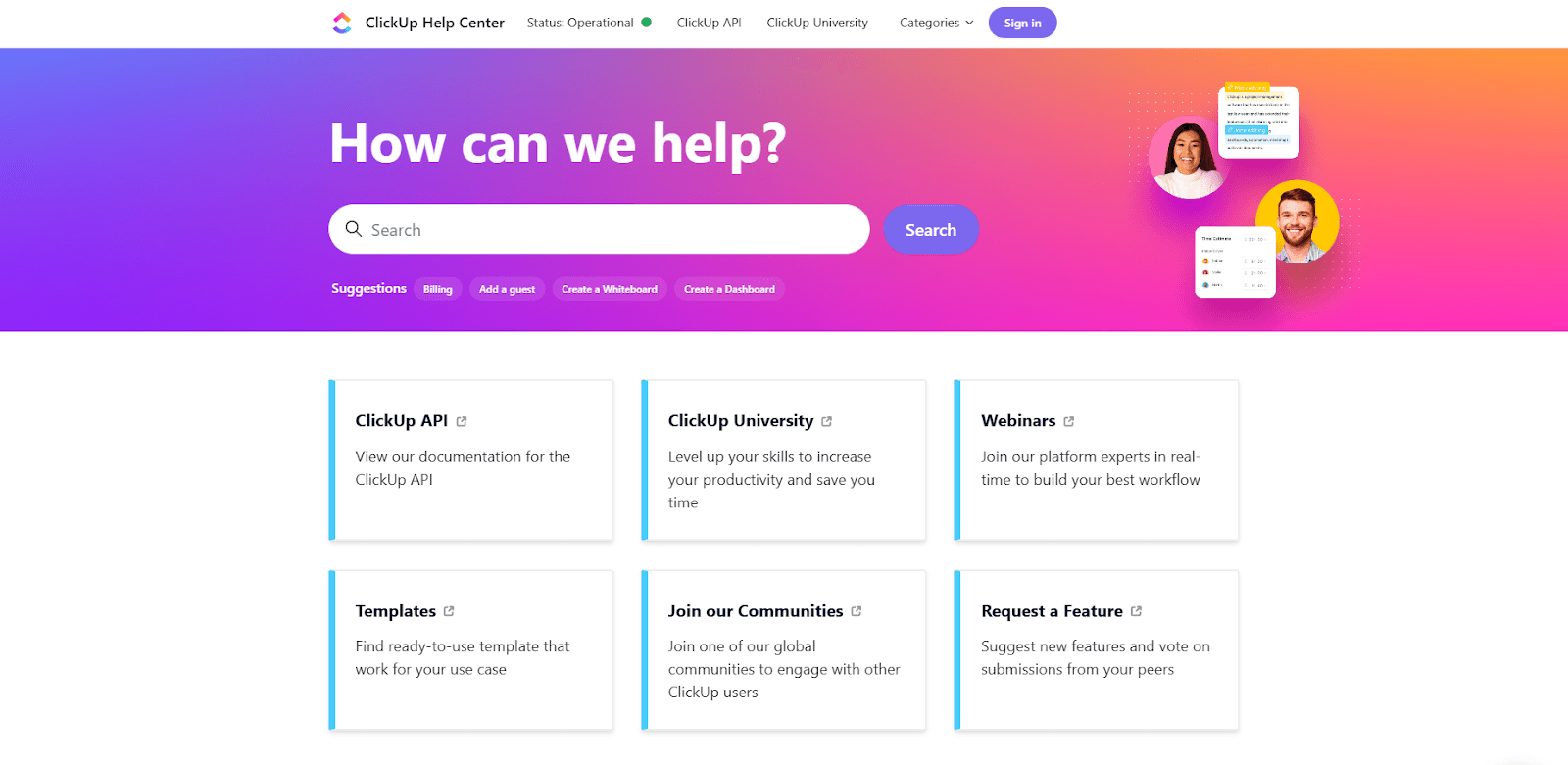 Screenshot of ClickUp's Help Center page